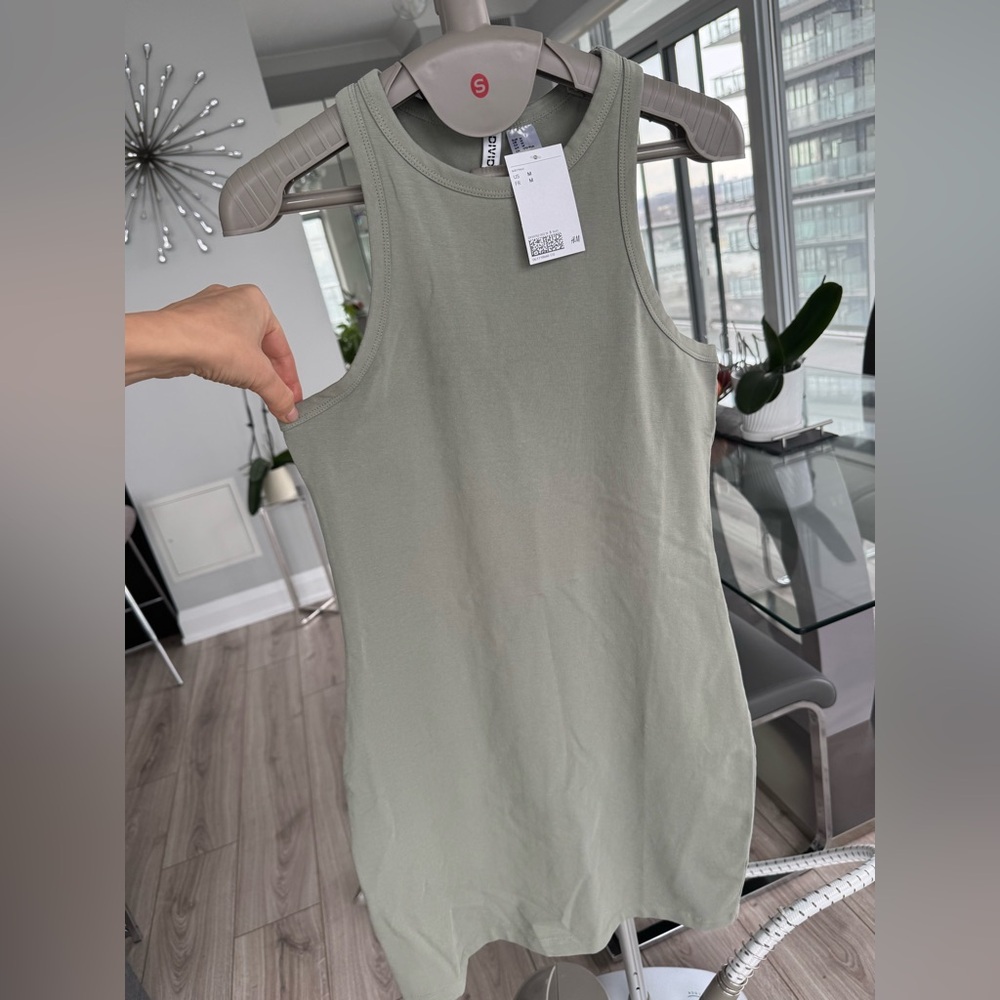 H&M Cut-out Cotton Dress Light Khaki Green - Picture 4 of 6